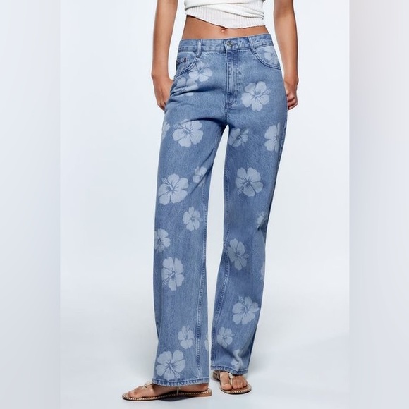 Zara Denim - Zara floral printed wide leg jeans size 6
